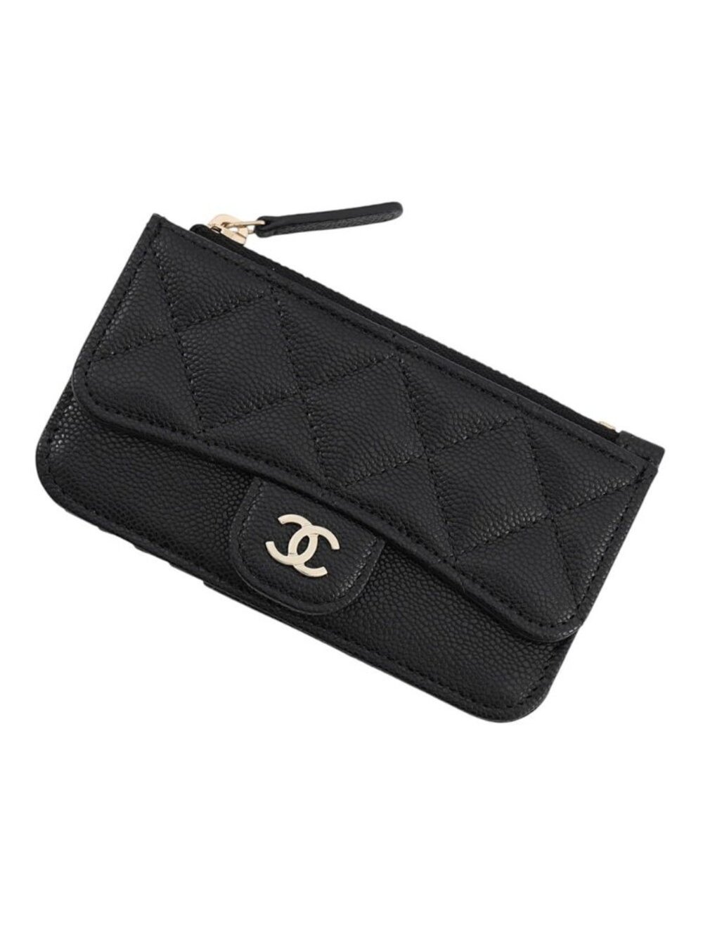 Chanel Card Case Classic Zip CC Logo Quilted Caviar Leather Black